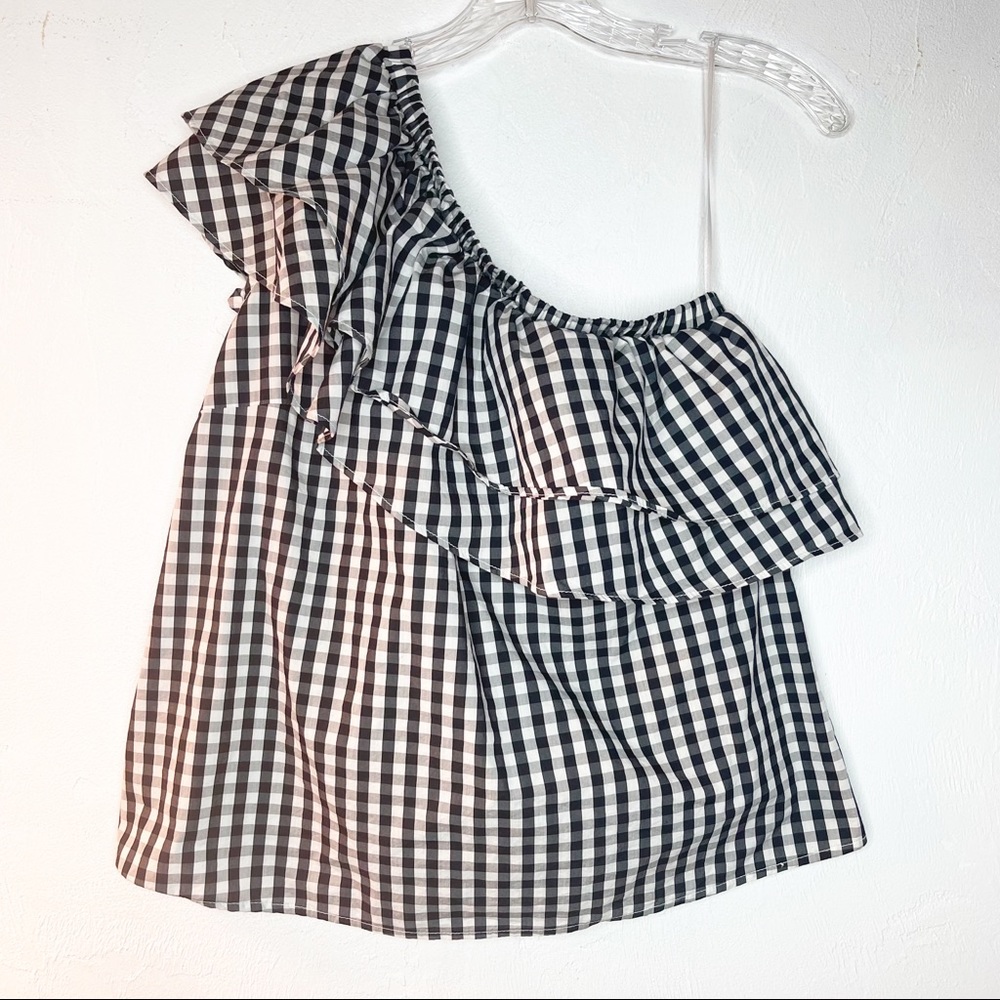 Halogen Gingham Asymmetrical Ruffle Top Size Small - Picture 2 of 8